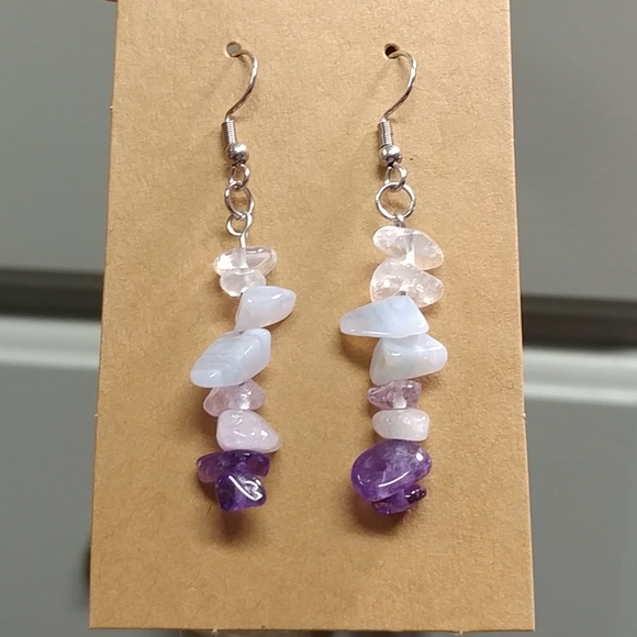 Amethyst Quartz Crystal Blue Lace Agate Earrings Natural Gemstone Chip Beaded - Picture 5 of 14